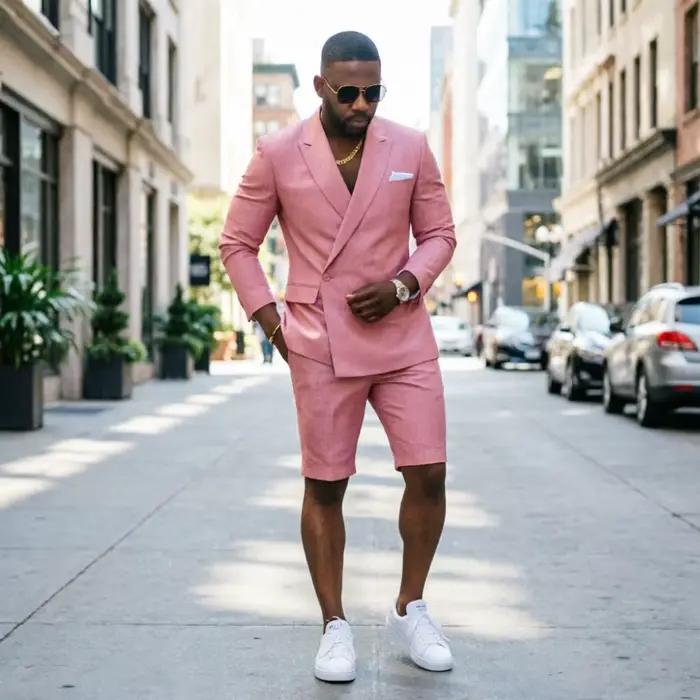 Costume d'été vert sauge pour homme, 2 pièces, avec pantalon court, double boutonnage, léger, décont