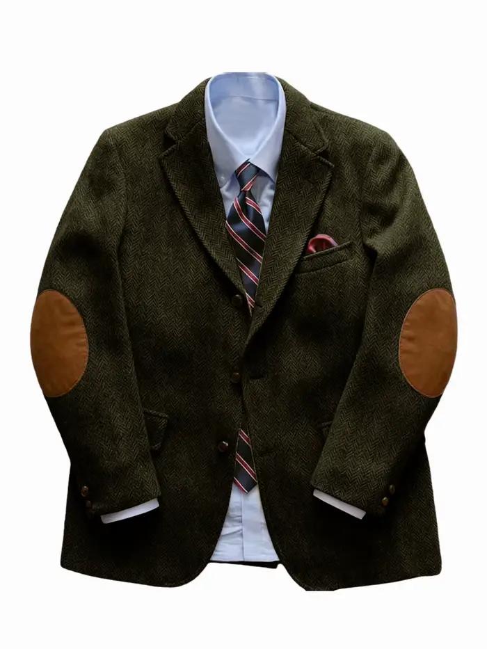 Blazer vintage en tweed à chevrons pour homme avec patchs aux coudes, 2 boutons, simple boutonnage, 