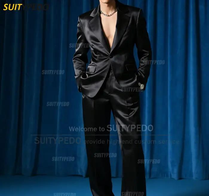 Mode bleu Royal Satin fête bal hommes costume ensembles 2 pièces Blazer et pantalon bref solide un b