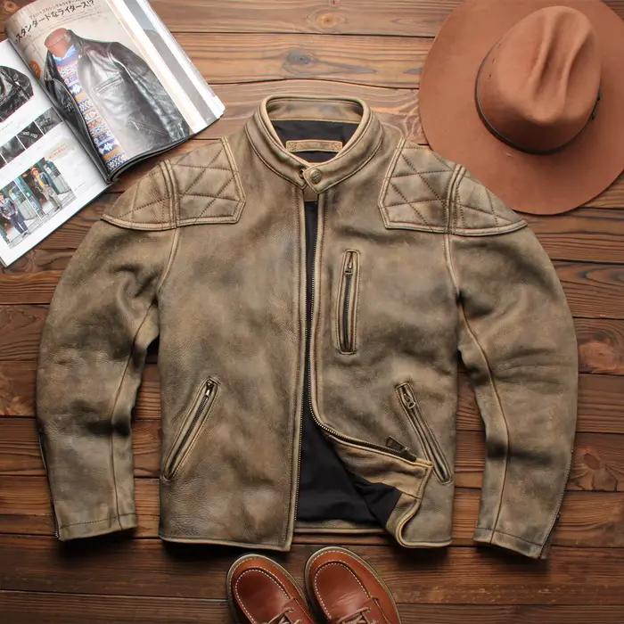 Veste en cuir d'hiver kaki pour homme, style vintage, grande taille 5XL, en cuir de vache véritable 