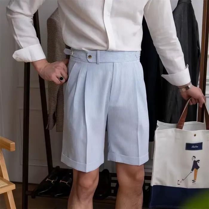 Style italien Naples costume Shorts hommes rayures bleues Seersucker taille haute Paris boucle mode 