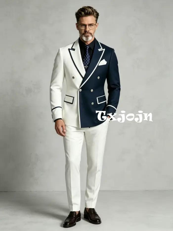 Costume homme blanc et bleu marine contrasté, 2 pièces, pour occasions formelles, élégant, double bo
