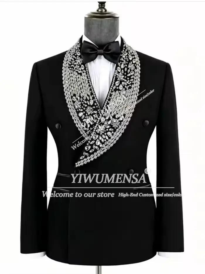 Costumes modernes pour hommes, ensembles 2 pièces, blazer croisé et pantalon, cristaux personnalisés