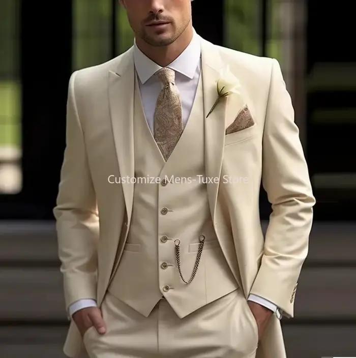 Nouveau costume Beige hommes d'affaires Tuxedos formel 3 pièces ensemble veste gilet pantalon simple
