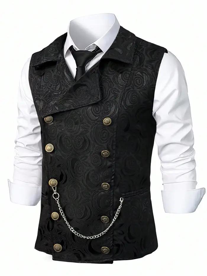 Gilet de costume noir pour homme ; Tissu jacquard, double boutonnage, sans manches, col en V ; Dispo