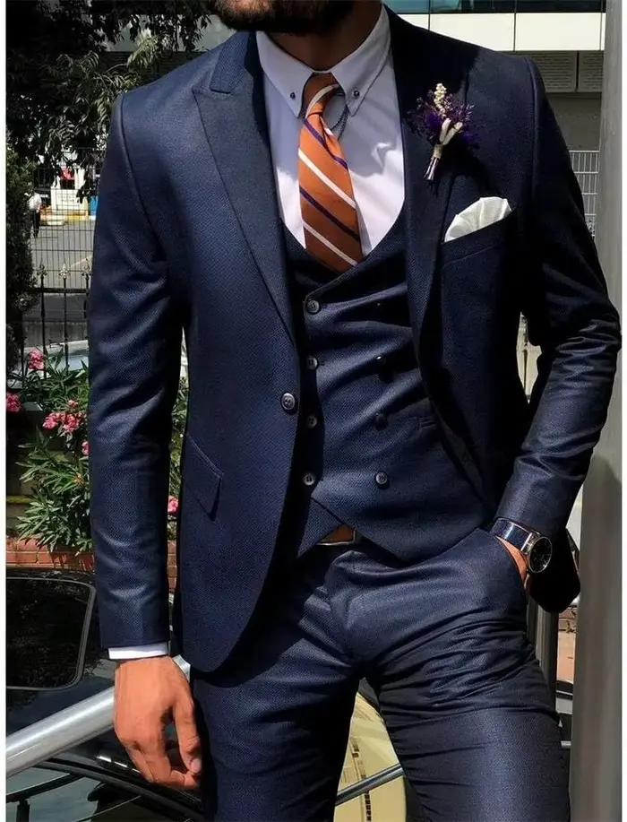 Bleu foncé 3 pièces mince hommes mode Costume Cutsom marié Mariage smoking bal Mariage sur mesure ho