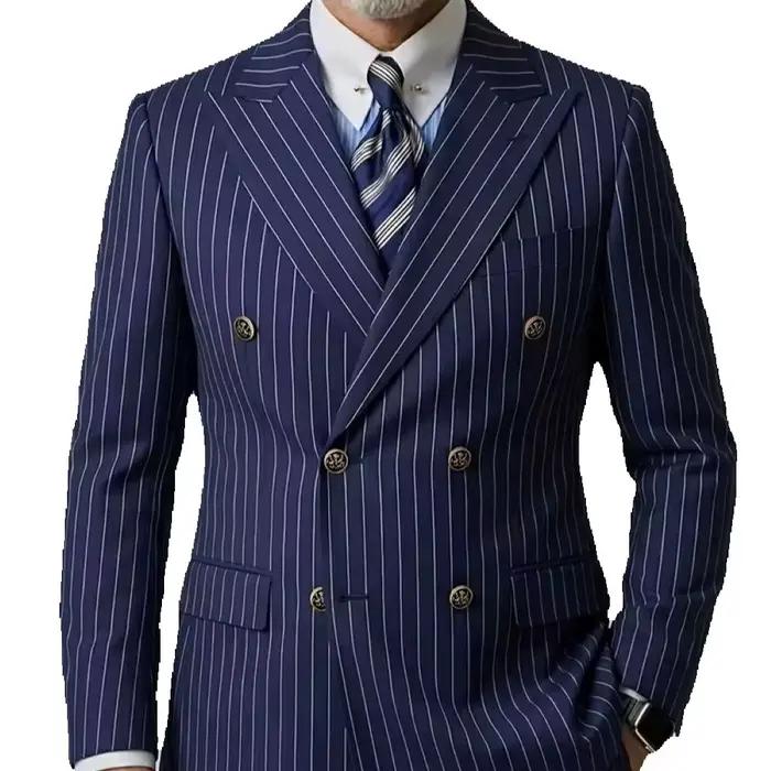 Blazer croisé rayé bleu marine pour homme, veste de costume ajustée à revers pointus, tenue de burea