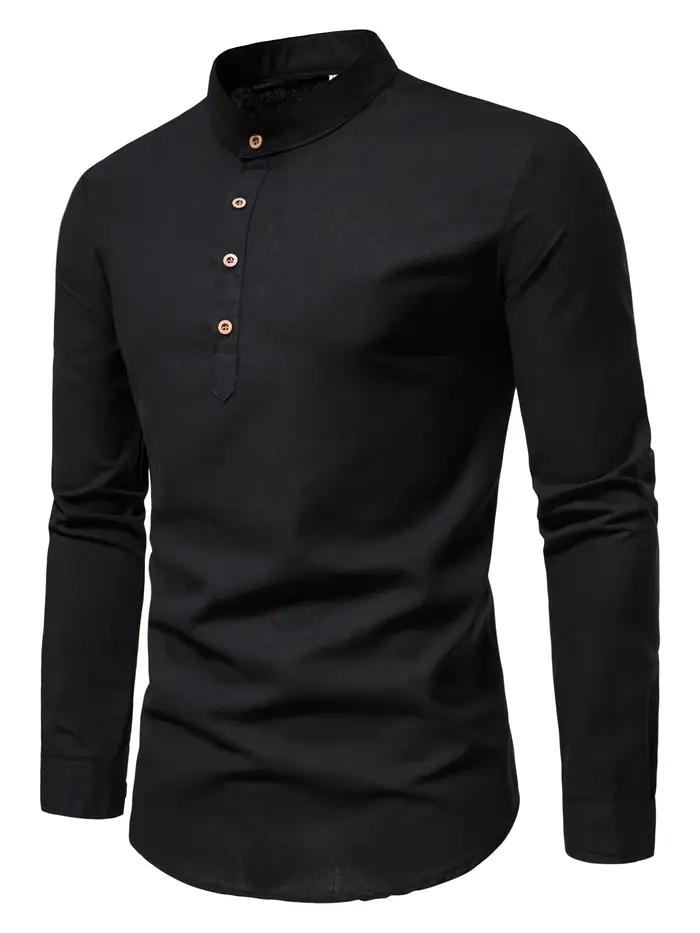 Chemises de couleur unie en pur coton pour hommes, chemises élégantes à manches longues et col monta