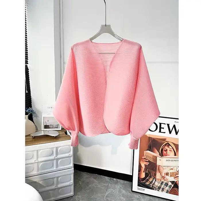 Veste Courte Nouveau Style Chemise Plissée Décontractée Polyvalente en Forme de Chauve-Souris Cardig