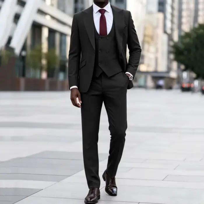 Costume homme marron foncé 3 pièces uni avec revers pour mariage, anniversaire, banquet, fête, affai