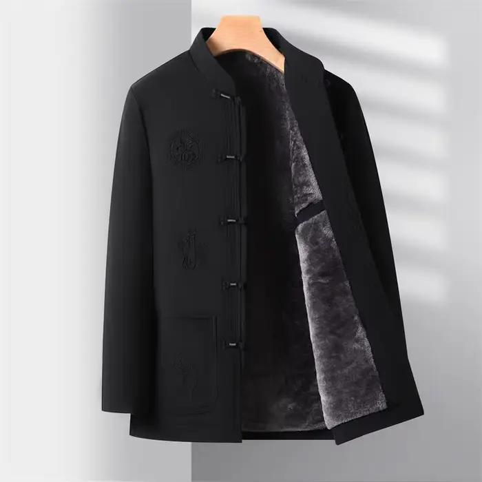 Veste de Style chinois pour hommes avec boutons de grenouille, manteau d'hiver doublé polaire brodé 