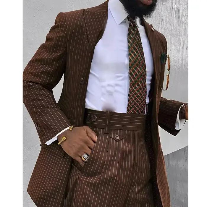 Costume 2 Pièces à Rayures Brunes pour Homme, Smoking Chic à Double Boutonnage, Tenues d'Affaires Dé