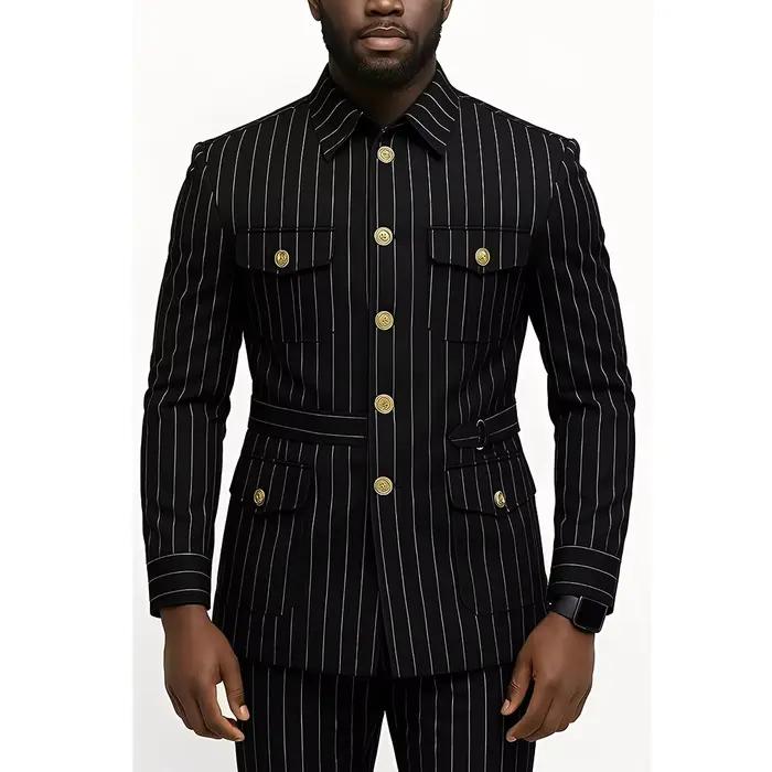 Costume 2 pièces rayé pour hommes, simple boutonnage, design multi-poches, y compris costume et pant