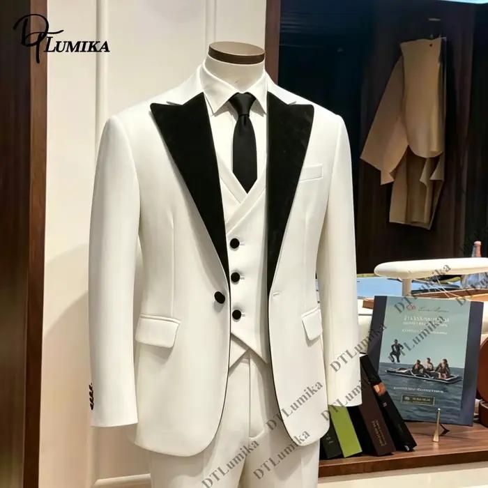 Costume de mariage DTLumika pour le marié, ensemble 3 pièces blanc avec col en velours noir, smoking