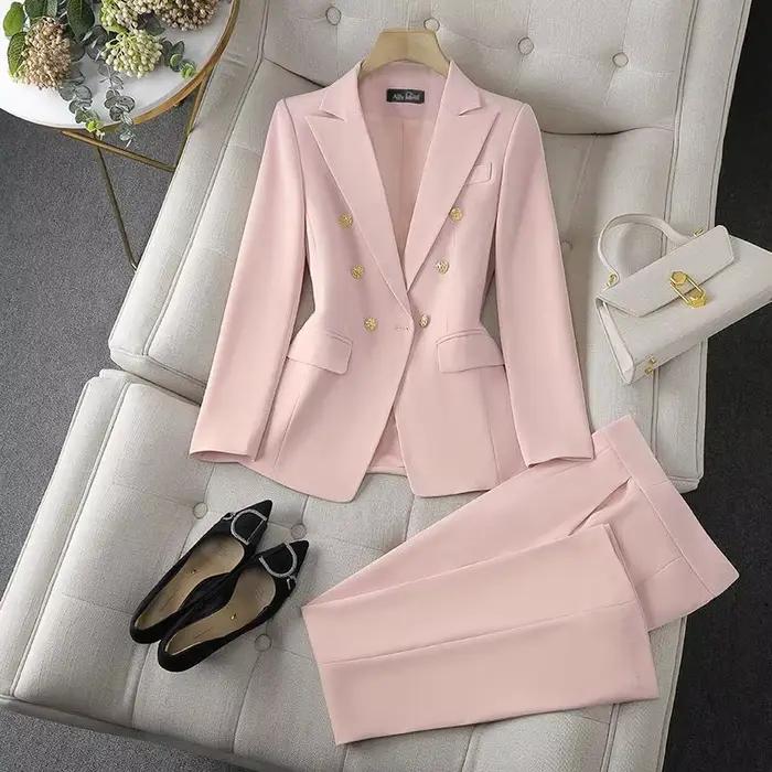 Ensemble 2 pièces de mode coréenne : Blazer à col rabattu et pantalon slim à manches longues pour fe