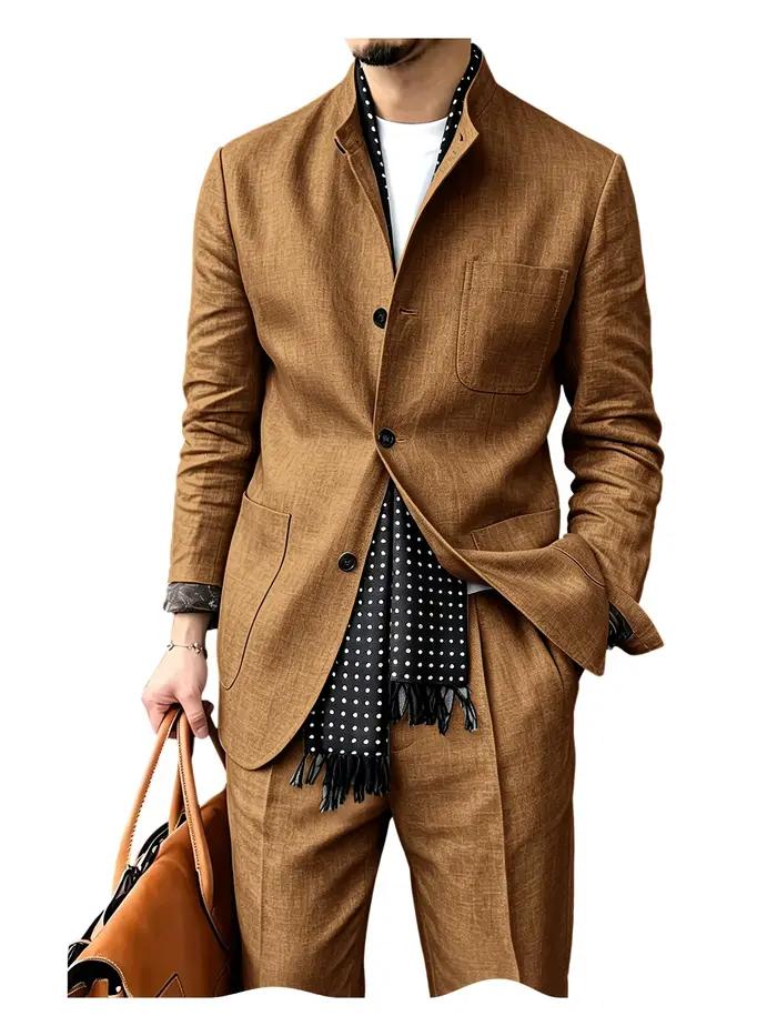 Ensemble de costume 2 pièces en lin mélangé pour homme, col montant, respirant, décontracté, blazer 