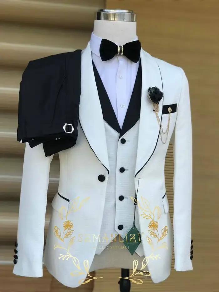 Costumes à carreaux blancs pour hommes, coupe cintrée, Blazer, gilet, pantalon, ensemble 3 pièces, b