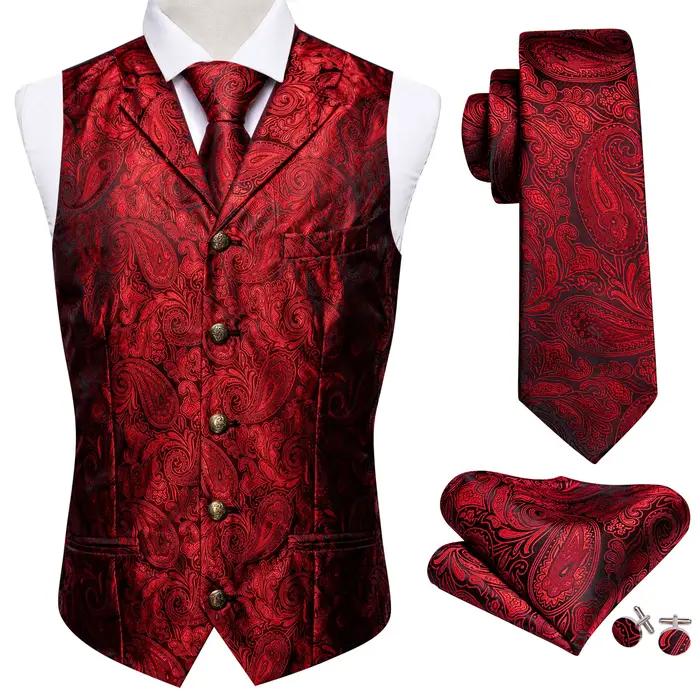 Gilet de Costume Élégant pour Homme Brodé Rouge Bourgogne Motif Paisley Fleur Ensemble Gilet Cravate