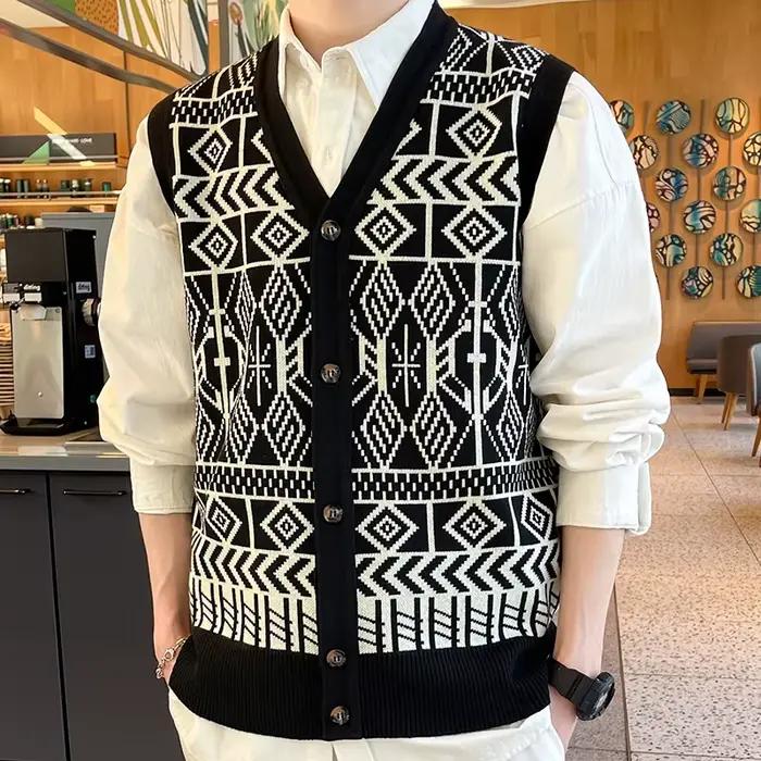 Gilet tricoté pour hommes, col en v, boutonné, veste sans manches, vêtements Y2K, tendance, décontra