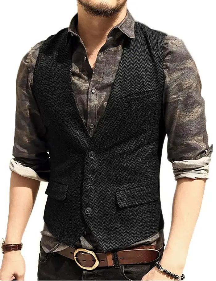 Gilet de costume classique à col en V profond, motif chevrons, coupe ajustée pour homme, idéal pour 