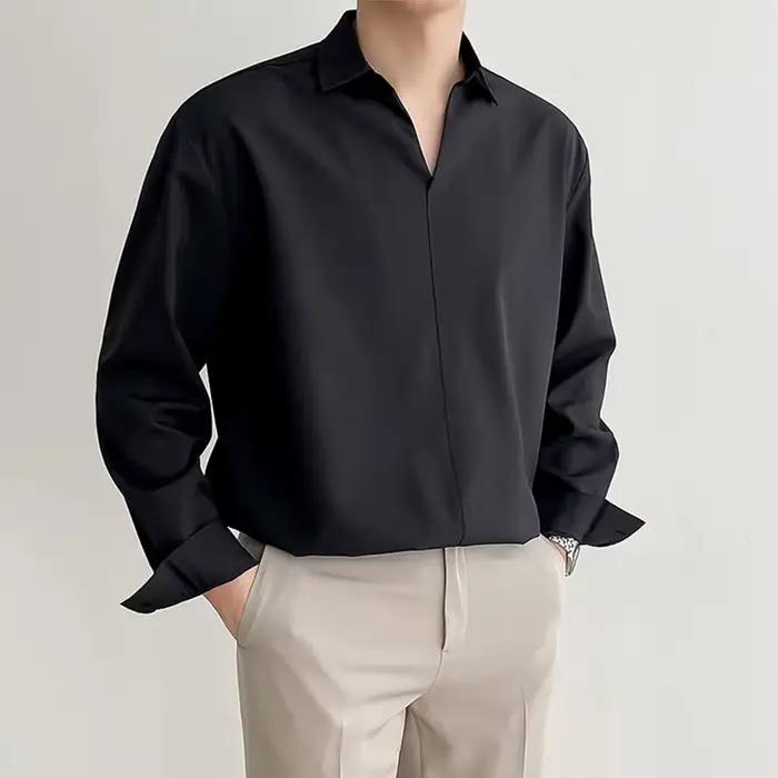 Nouveau coréen col en V hommes chemises de luxe décontracté Style tombant mince couleur unie à manch