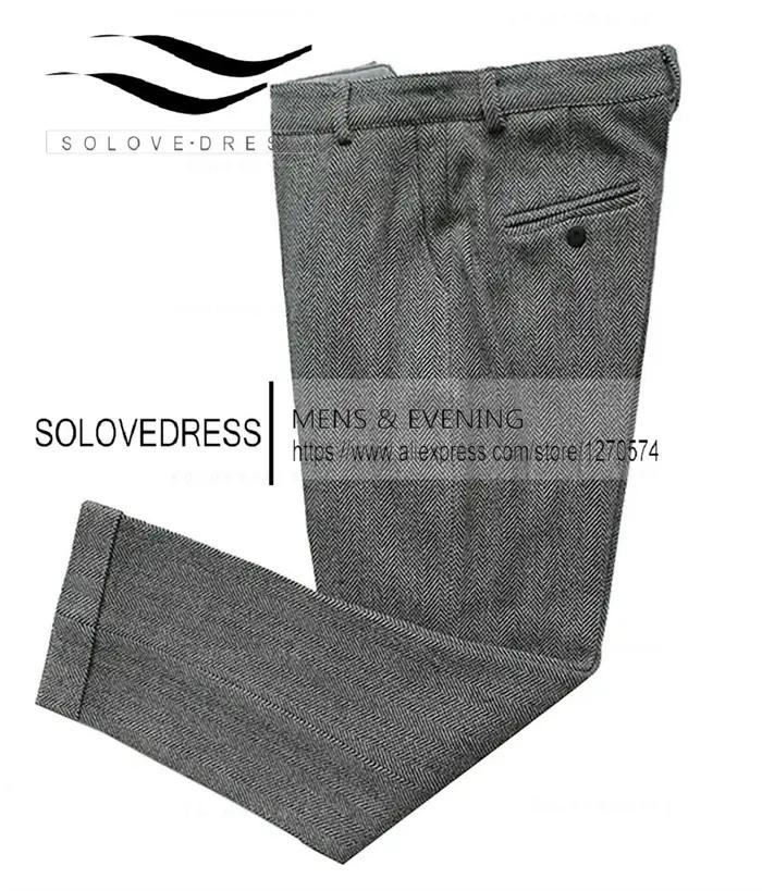FJWool-Costume en tweed à chevrons pour hommes, coupe couvertes, pantalon décontracté, taille extens