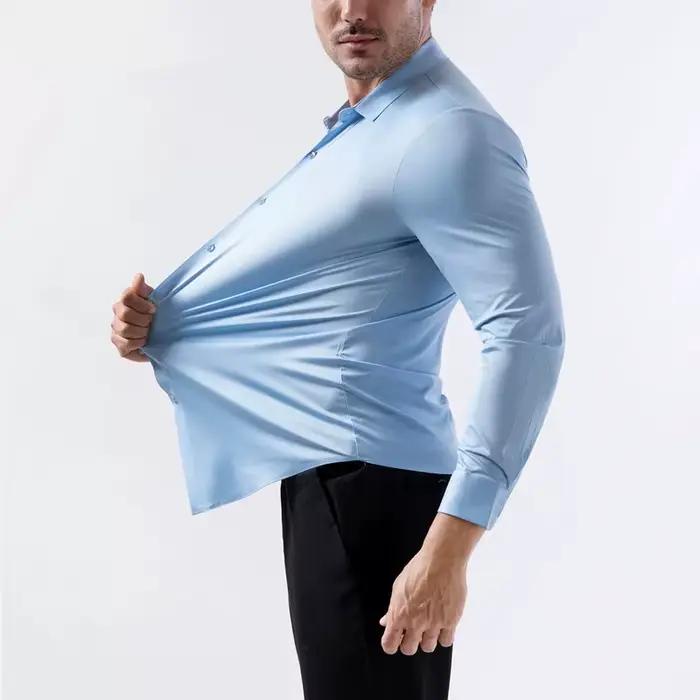 Chemise à manches longues pour hommes, extensible dans les quatre voies, sans fer, soyeuse, commerce