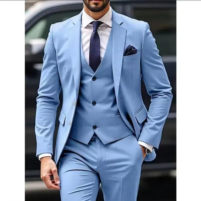 Costumes 3 pièces bleu clair pour hommes, veste et pantalon, blazer de mariage formel, revers cranté