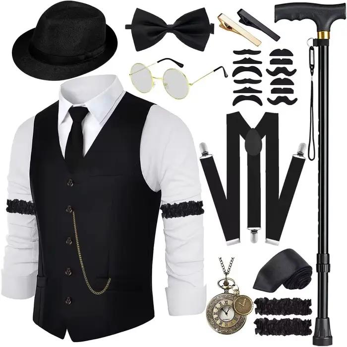 Ensemble de costumes et accessoires pour hommes des années 1920, gilet, bretelles, chapeau, montre d