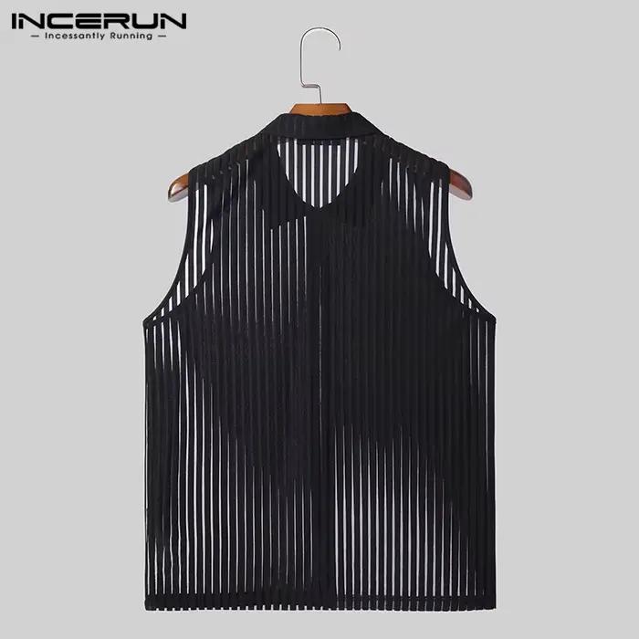 Mode Style décontracté hauts INCERUN hommes rayure verticale Perspective gilet à glissière Sexy mâle