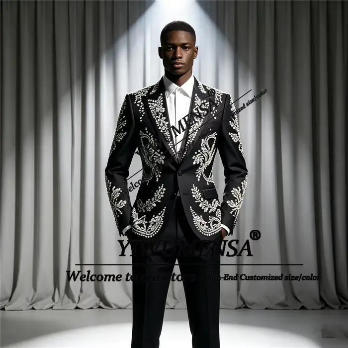 Costumes de mariage modernes pour hommes, veste et pantalon avec perles en cristal, ensembles 2 pièc