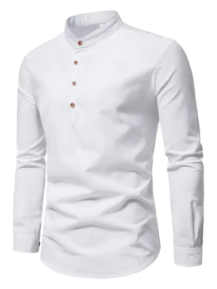 Chemises de couleur unie en pur coton pour hommes, chemises élégantes à manches longues et col monta