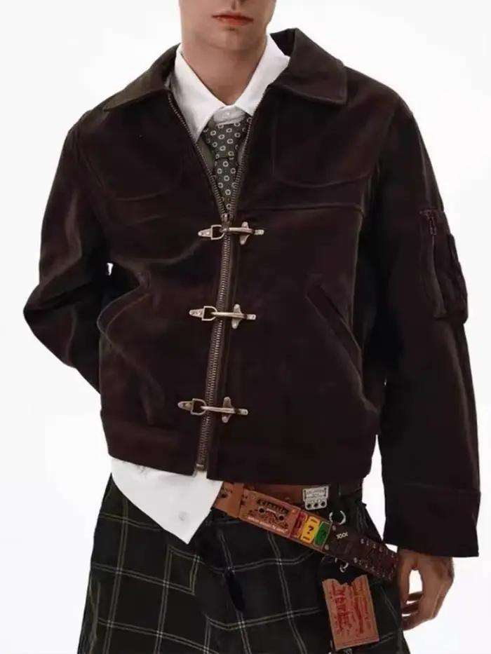 Vintage en détresse manteau en daim hommes déconstruit avion boucle veste unisexe printemps automne 