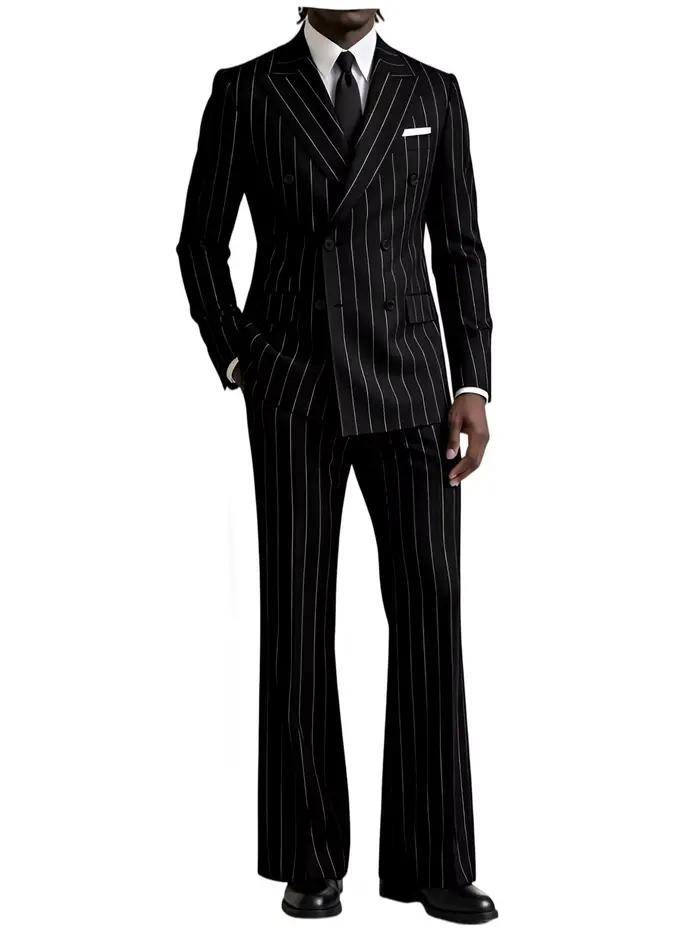 Costume 2 pièces rayé pour homme, revers cranté, veste à rayures droites + pantalon évasé, idéal pou