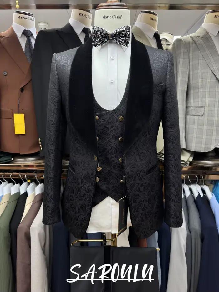 Ensemble de costume entièrement jacquard noir, smoking populaire 3 pièces, veste à revers châle en v