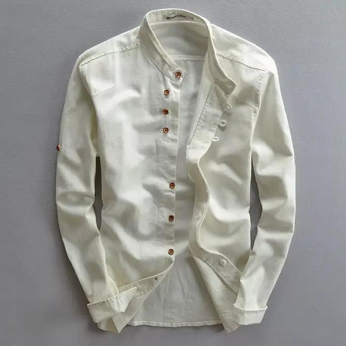 Chemise en lin pour homme de style chinois à col mandarin, manches longues, boutons grenouille, chem