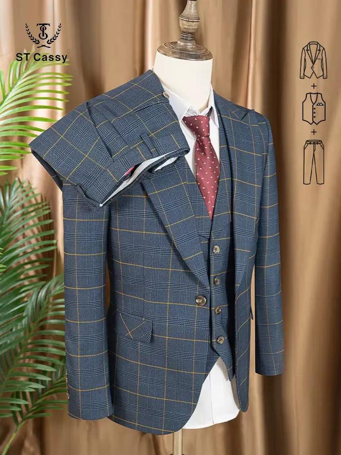 Ensemble de costume à carreaux 3 pièces de haute qualité, bleu foncé, élégant, pour le bureau, les m