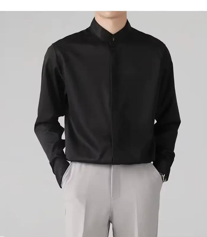 Chemise à manches longues pour homme à col mandarin, tissu doux et respirant, design classique et si