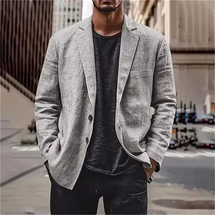 Blazer en lin léger pour homme, coupe ajustée décontractée, revers cranté, deux boutons, idéal pour 