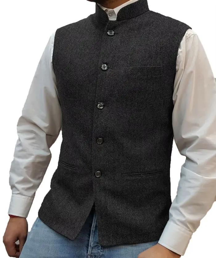Gilet de costume élégant pour homme, sans manches, col montant, boutonné, coupe ajustée, motif chevr