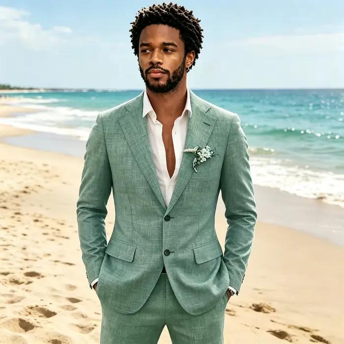 Costume décontracté en lin bleu ciel pour homme