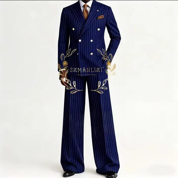 Costume rayé bleu marine élégant pour hommes, smoking de marié, costume de mariage, slim fit à double boutonnage, blazer et pantalon pour occasions spéciales