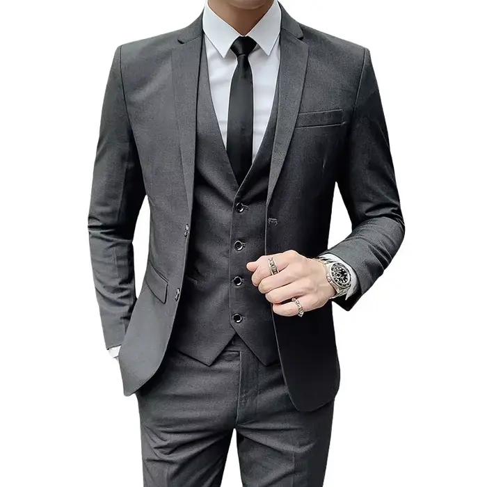 Costume homme (Blazer + gilet + pantalon) 2025 Gentleman d'affaires à la mode et ajusté travail décontracté couleur
