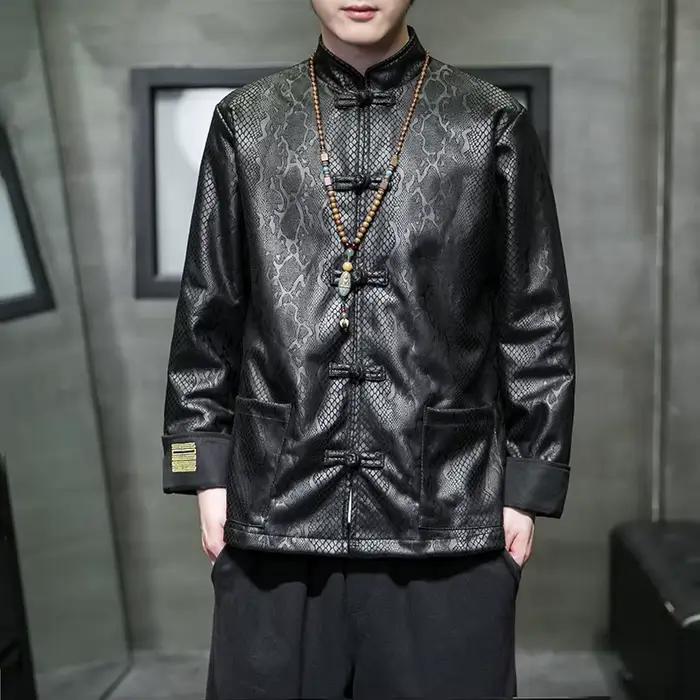 Nouveau Style Chinois Printemps Automne Veste pour Hommes Mode en peau de Serpent Jacquard Daim Velours Hanfu