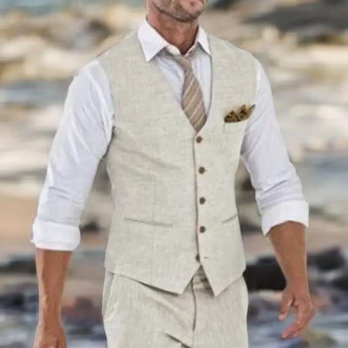 Gilet MENTEOLA en lin Beige pour homme élégant et décontracté pour occasions spéciales été printemps plage mariage