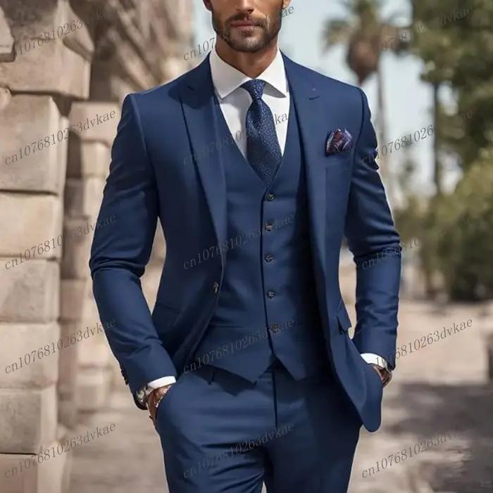Nouveau bleu marine hommes d'affaires costume marié Groomsman fête de mariage bal mâle Occasion formelle Tuxedos 3 pièces ensemble Blazer gilet pantalon