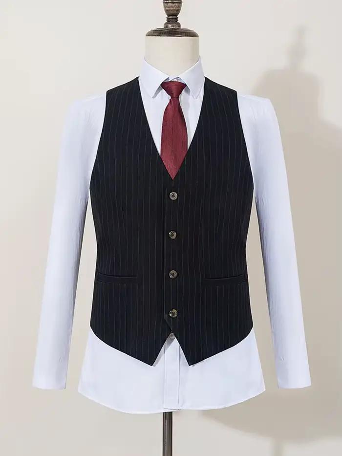Ensemble 3 pièces (veste + gilet + pantalon) costume rayé noir coupe ajustée luxueux et élégant