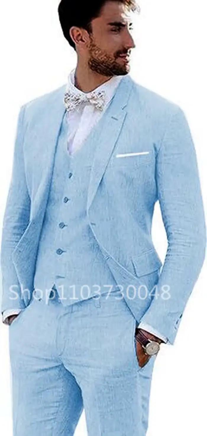 Costume 3 Pièces en Lin Beige/Bleu pour Homme