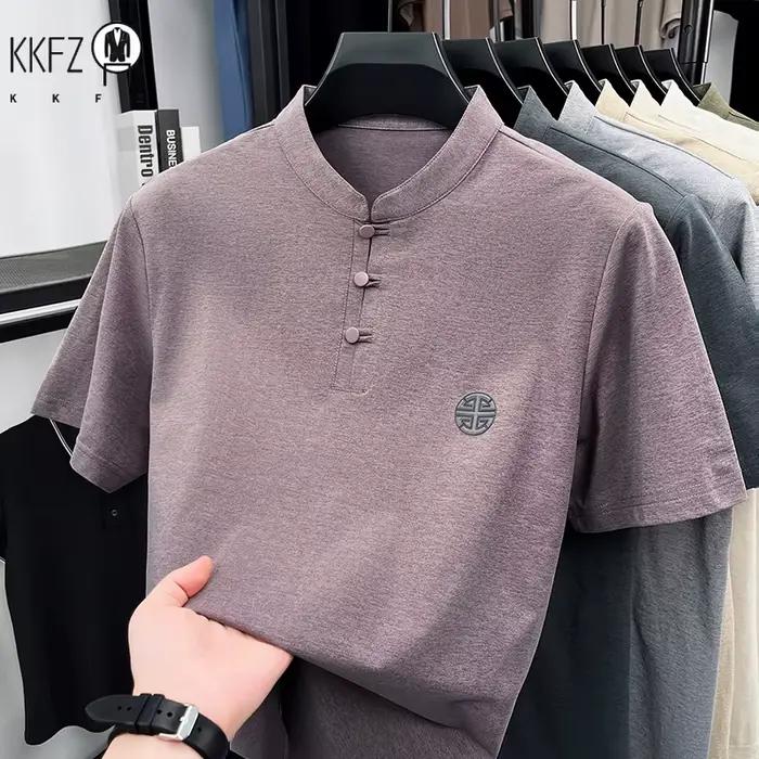 T-shirt décontracté homme col mandarin boutons grenouille brodé polyester été occassions spéciales