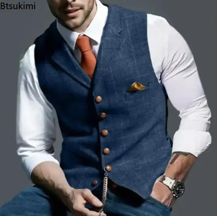 2026 hommes gilets formels revers Tweed Plaid col en v gilet mince
